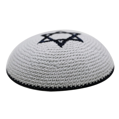 Knitted White Kippah with Blue Star of David and Trim