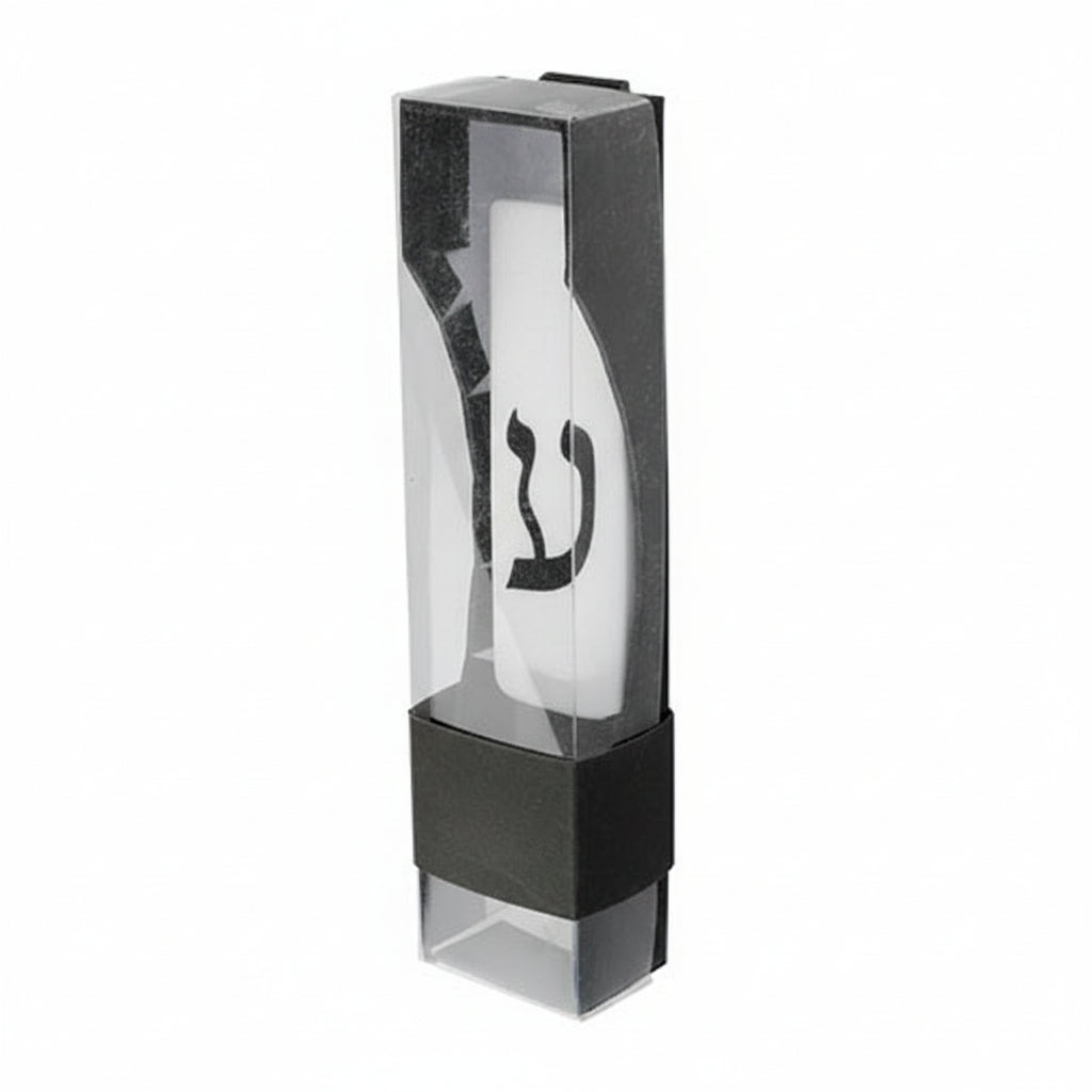 White Mezuzah with Metal SHIN & Golden Stripe - Mitzvahland.com