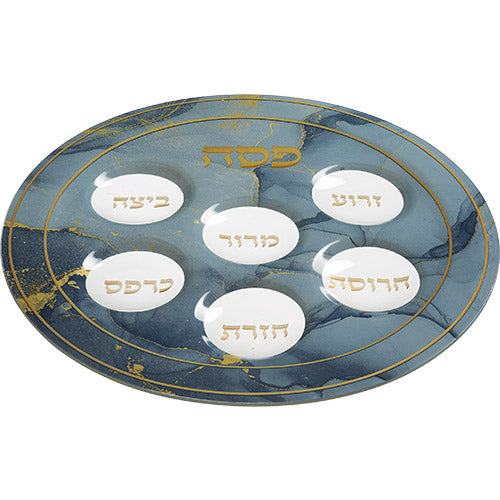 Glass Passover Plate - Blue & Gold
