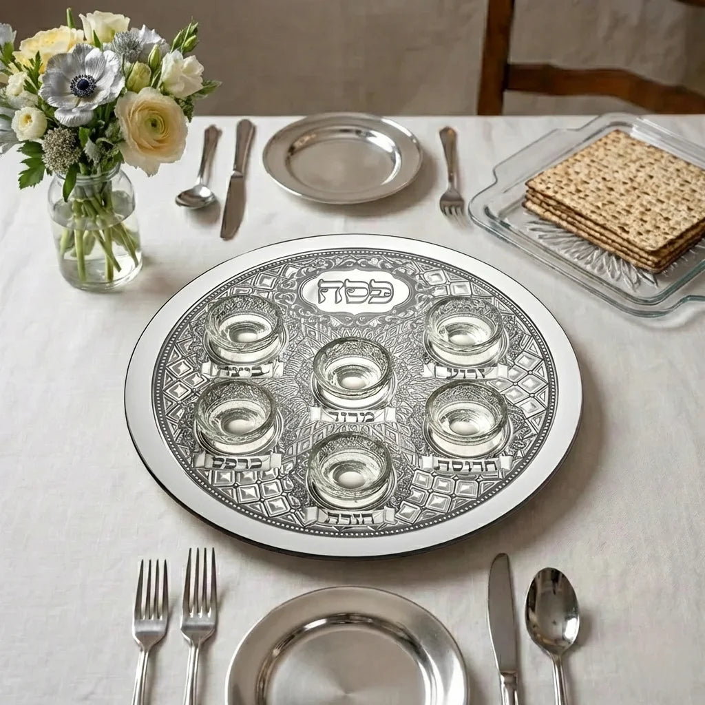 Glass Passover Tray with Metal Plaque - Mitzvahland.com