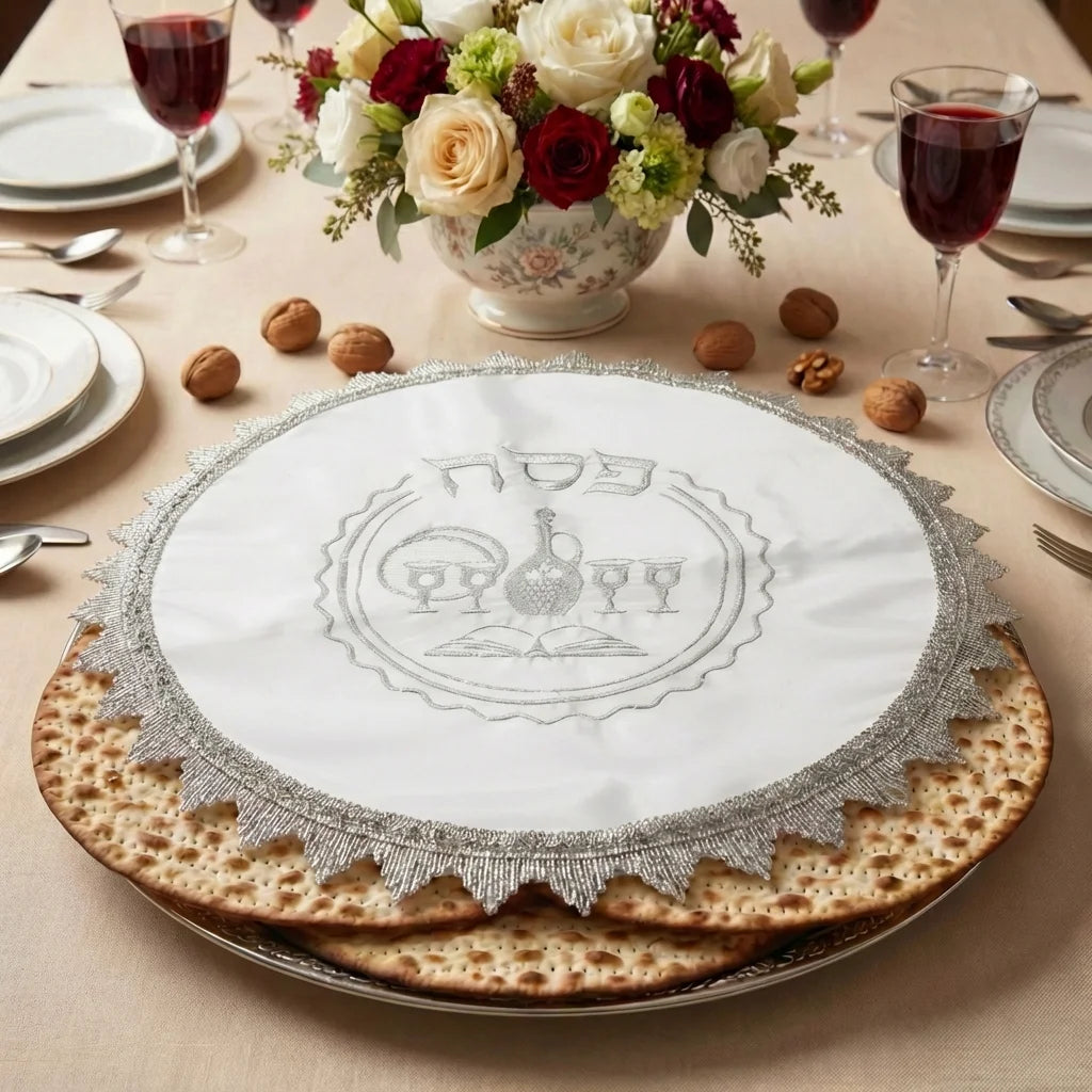White Satin Passover Set with Embroidery: Passover and Afikoman Covers - Mitzvahland.com