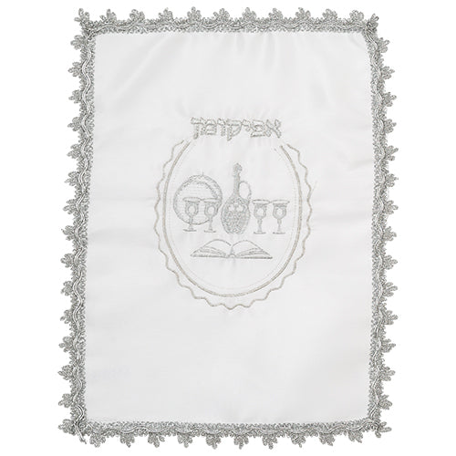 White Satin Passover Set with Embroidery: Passover and Afikoman Covers - Mitzvahland.com