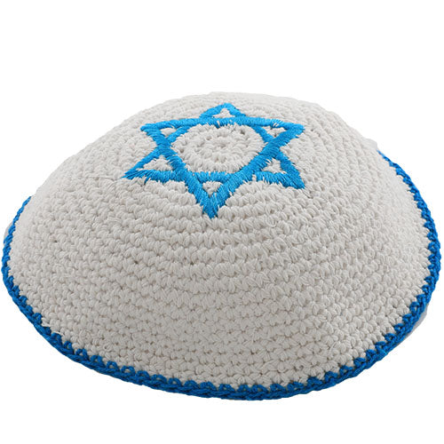 Knitted White Kippah with Blue Star of David and Trim