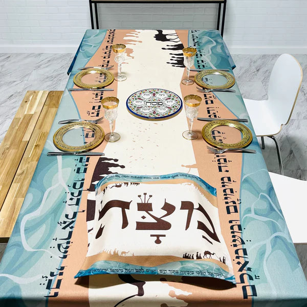 Split the Sea Passover (Pesach) Tablecloth get a FREE Matching Matzah Cover