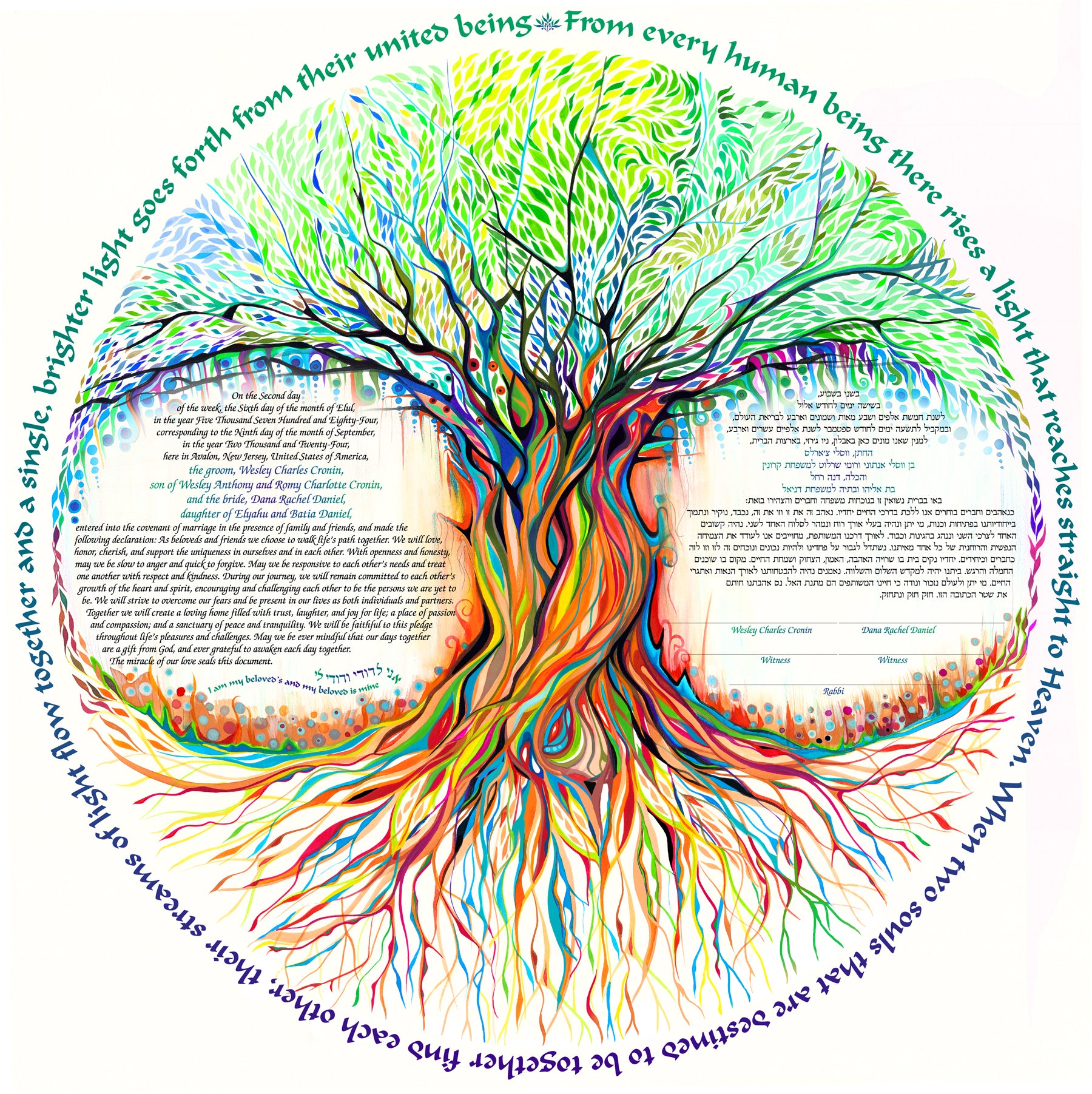 Tree of Life with Green Leaves and verses around Ketubah - Mitzvahland.com