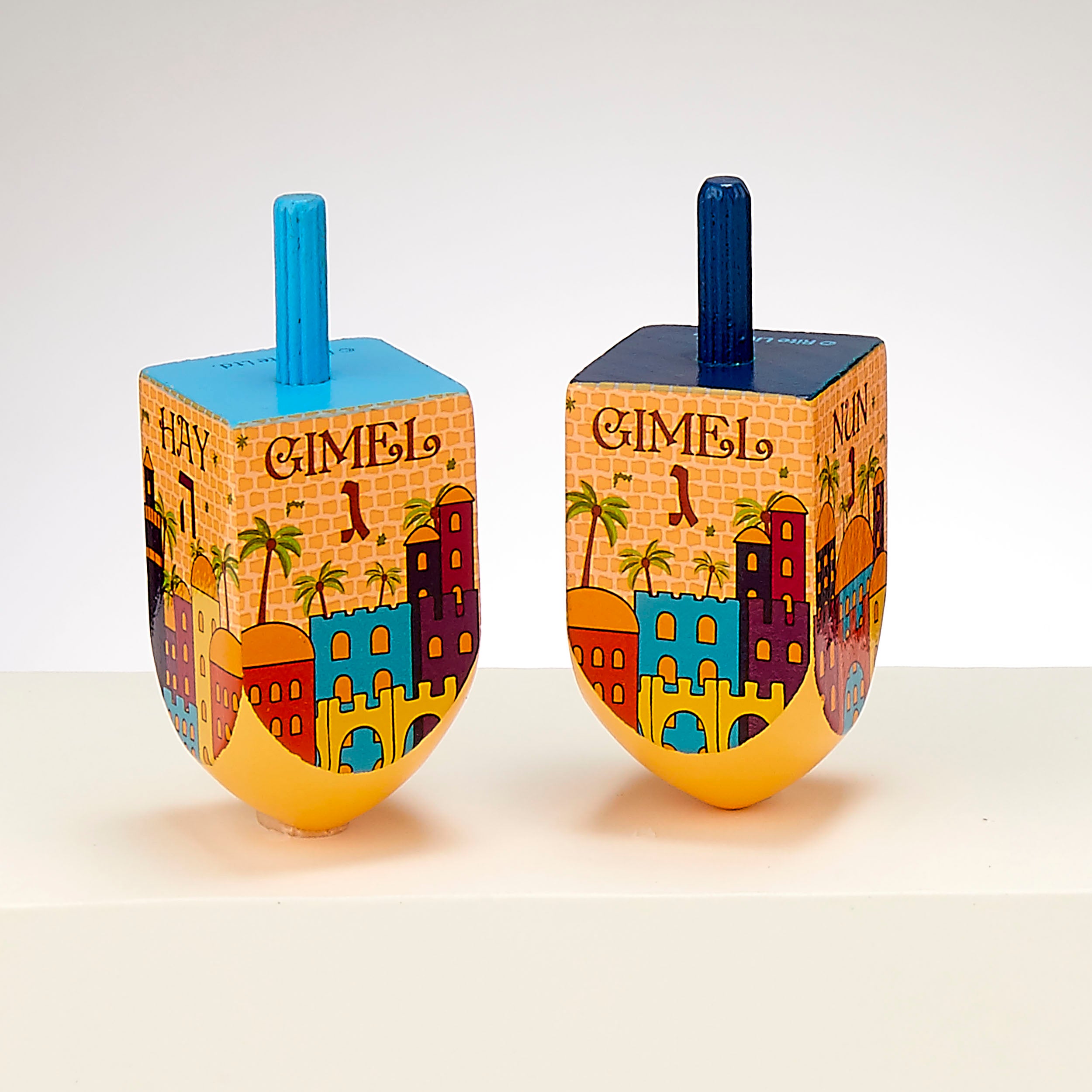 2 Jerusalem Decorated Wood Dreidels