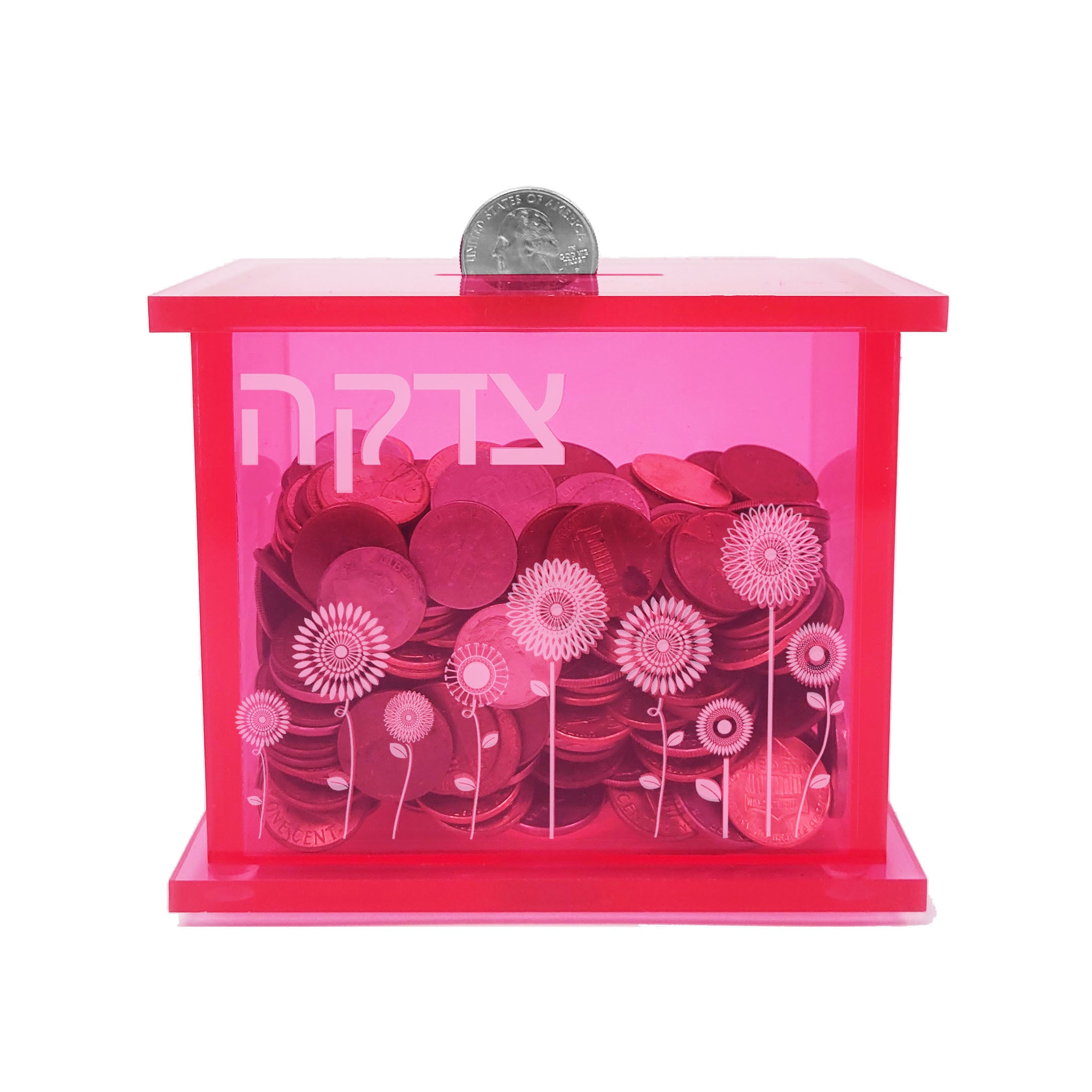 Pink Acrylic Tzedakah Box, Flower Design - Mitzvahland.com