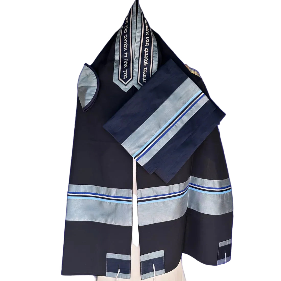 Elegant Blue Wool Tallit with Blue and Silver Ribbon Design