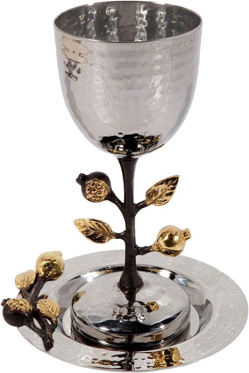 Emanuel Tall Hammered Kiddush Cup with Pomegranate Branch - Mitzvahland.com
