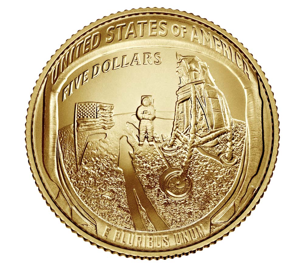 Apollo 11 50th Anniversary 2019 Uncirculated $5 Gold Coin - West Point Mint - Mitzvahland.com All your Judaica Needs!