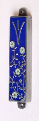 Blue Flowers Pewter Mezuzah