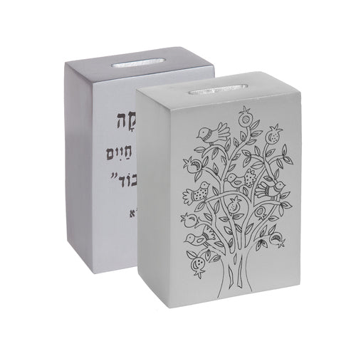 Anodized Tzedakah Box Square with Print - Silver
