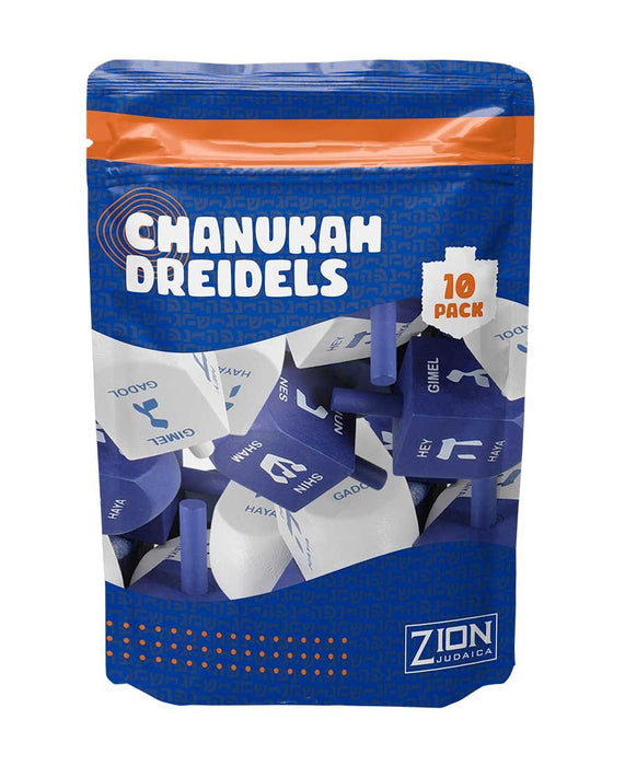 Blue & White Medium Wood Dreidels - 10 pack 1 3/4"