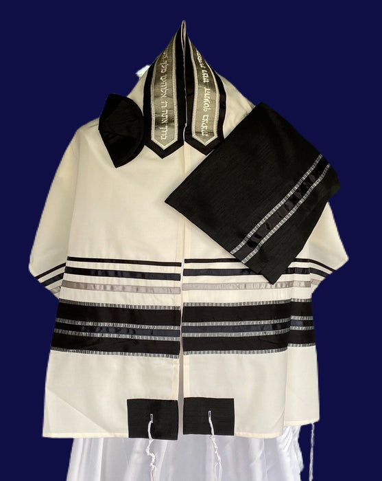 Elegant Black and Sliver pattern White Wool Tallit