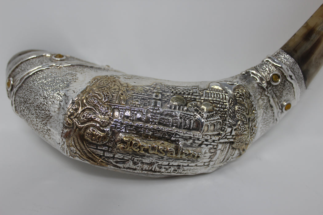 Sterling Silver plated Shofar with Jerusalem. 14 - 16"