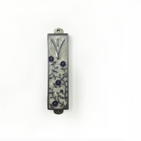 White and Purple Flowers Pewter Mezuzah