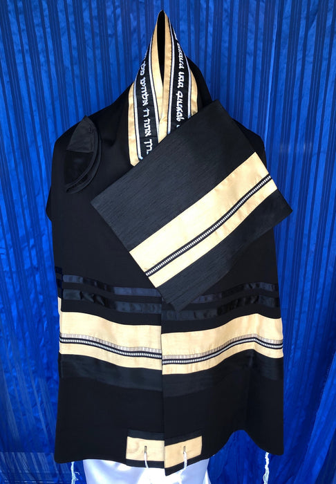 Elegant Detailed Ribbon of Complex Pattern in Black and Gold on Black Wool Tallit