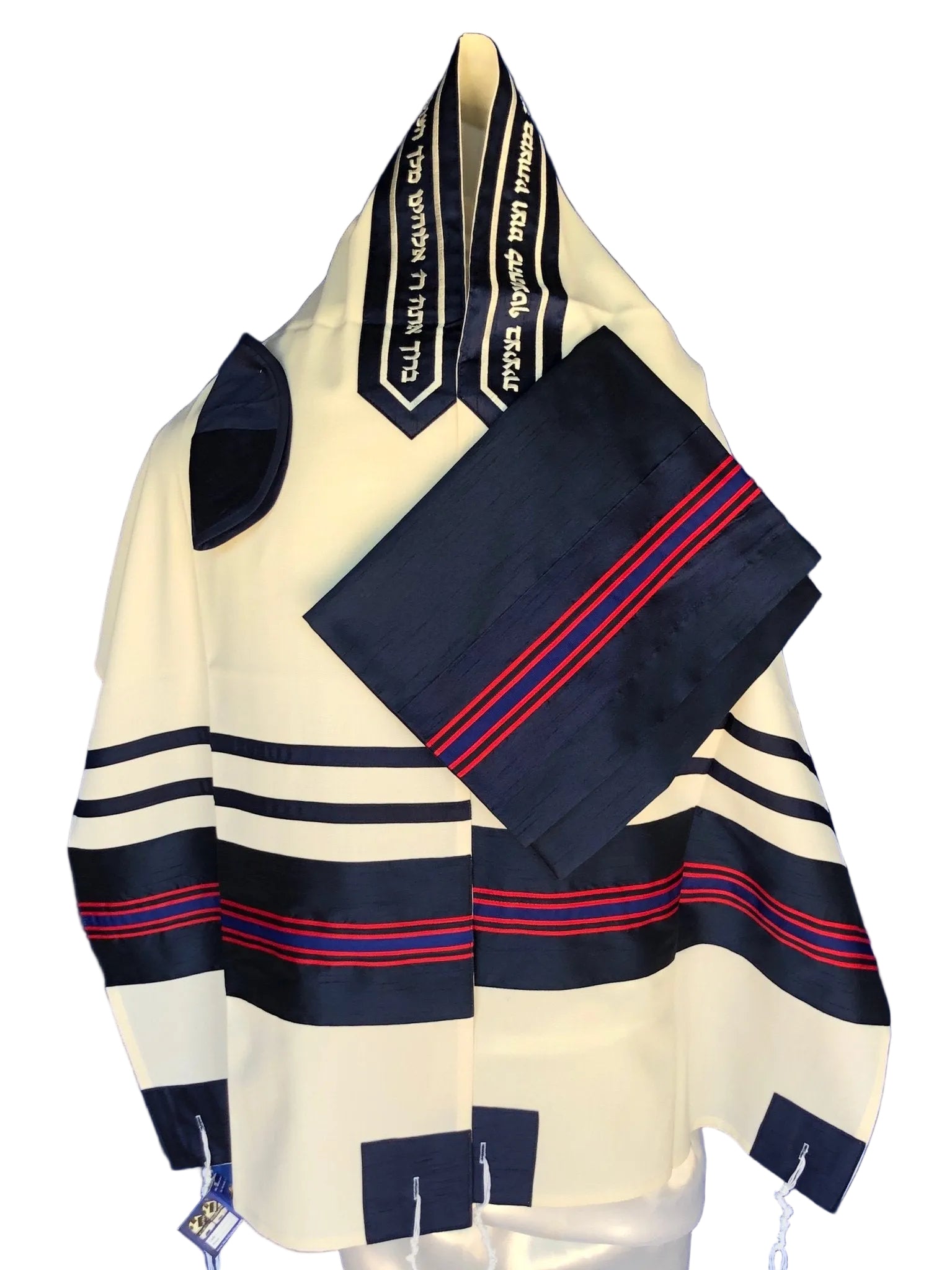 Elegant Blue and Strip of red Wool Tallit