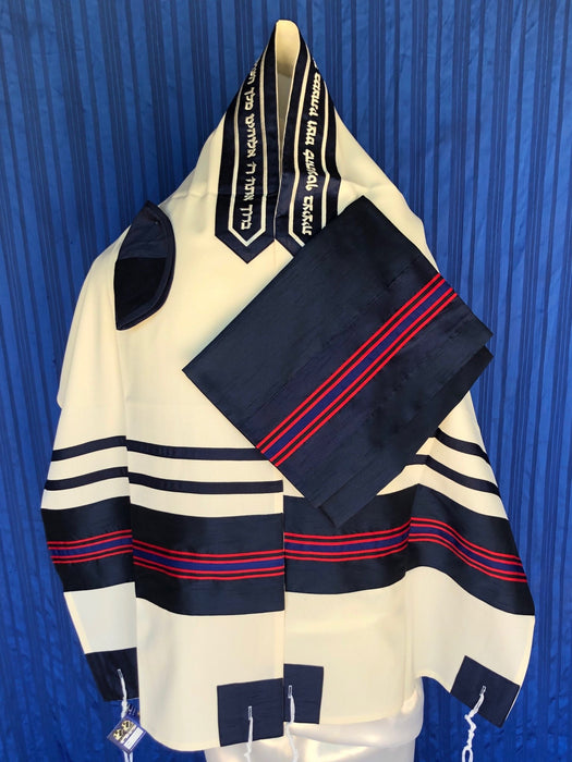 Elegant Blue and Strip of red Wool Tallit