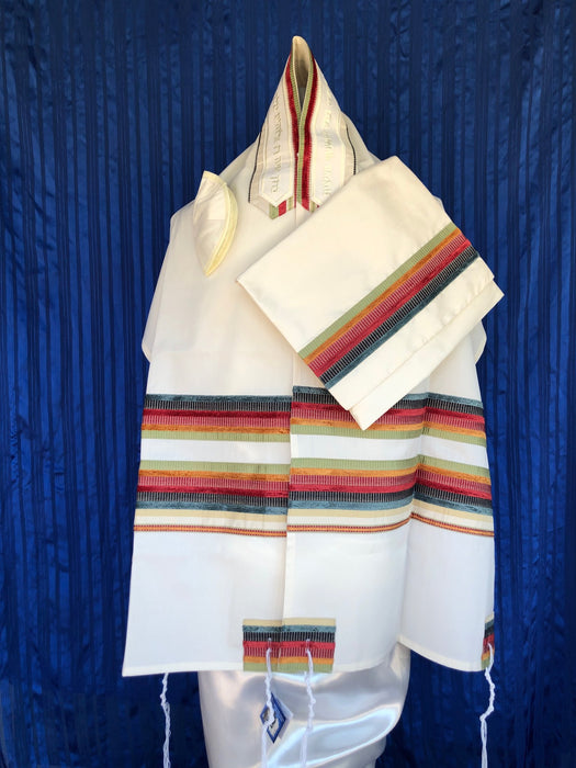 Elegant Orange Red and Blue Strip Wool Tallit
