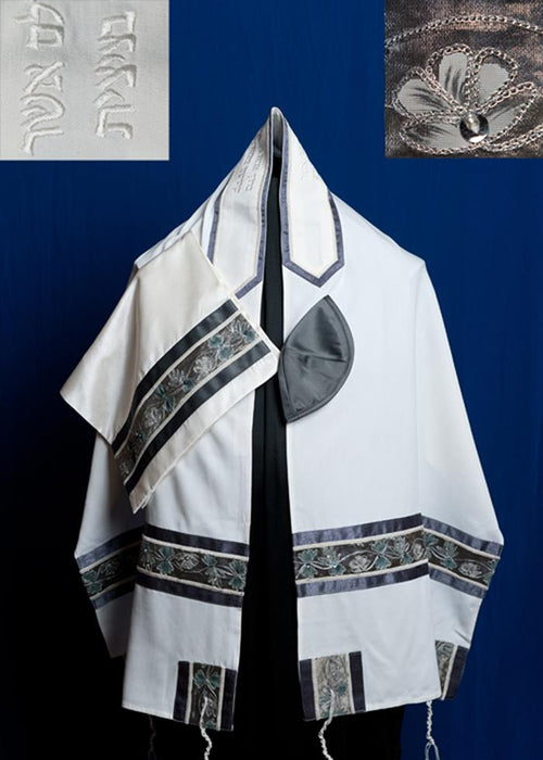 Elegant Two Tone Grey with a Flower Design Wool Tallit