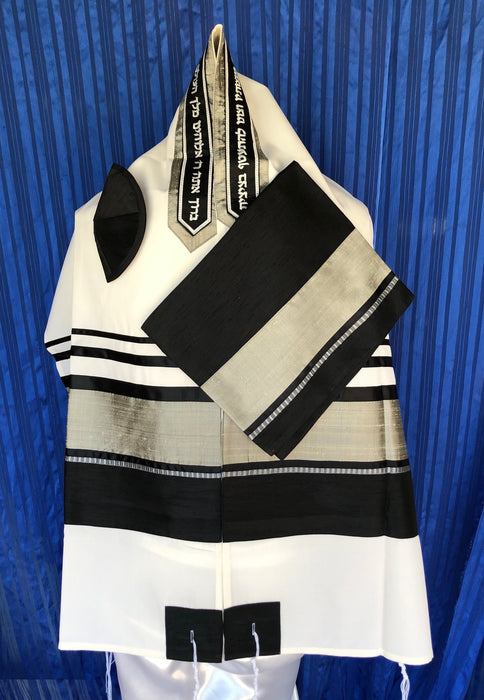 Elegant Silver and Black pattern White Wool Tallit