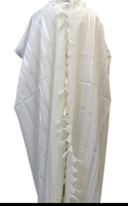 Tashbetz Non-Slip Wool Tallit with Thin Silver Stripes - Sefaradi Size 60 - Thick String