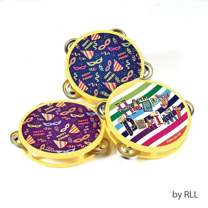 "Happy Purim" Tambourine Noisemaker - Assorted Colors - Single Piece