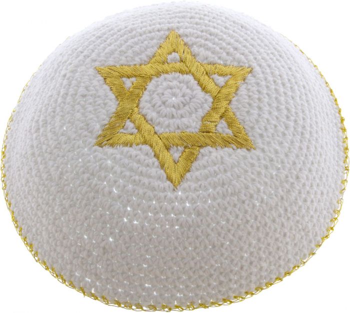 Knitted White Kippah with Gold Star of David and Trim