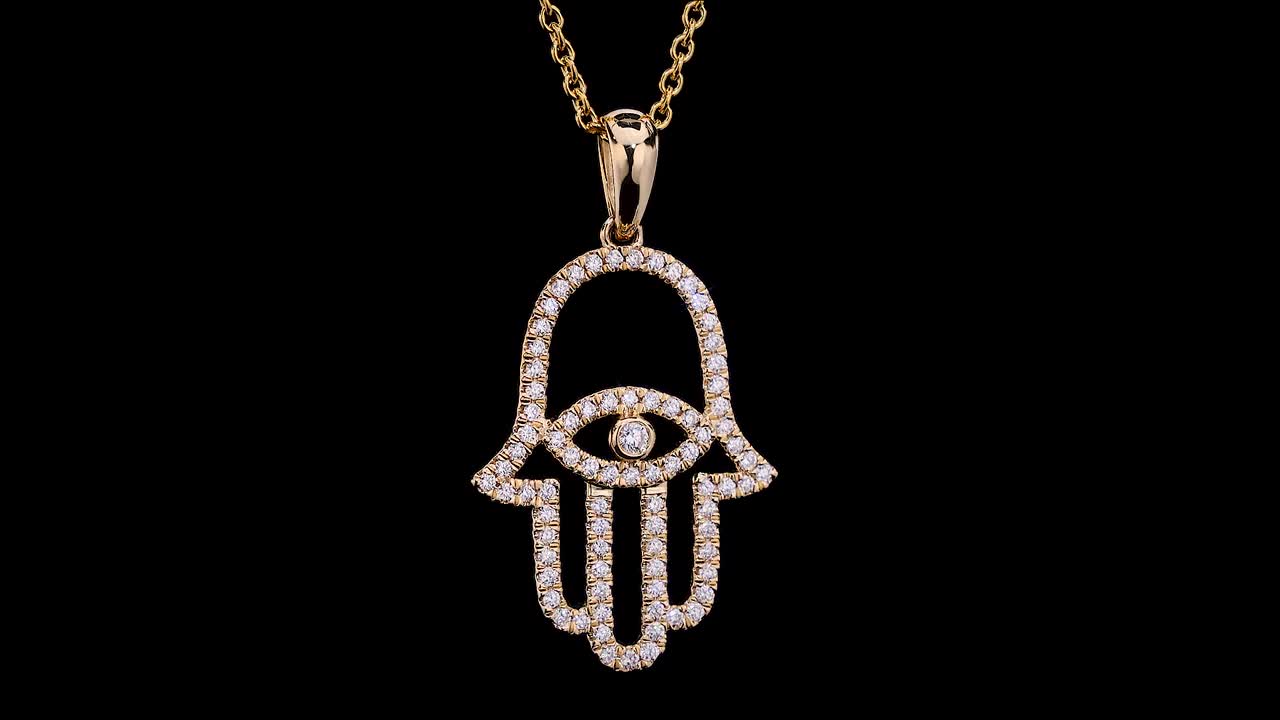 Hamsa Pendant - 14kt Yellow Gold - I Color Diamond. Round Brilliant 0.22 ctw VS2 Clarity