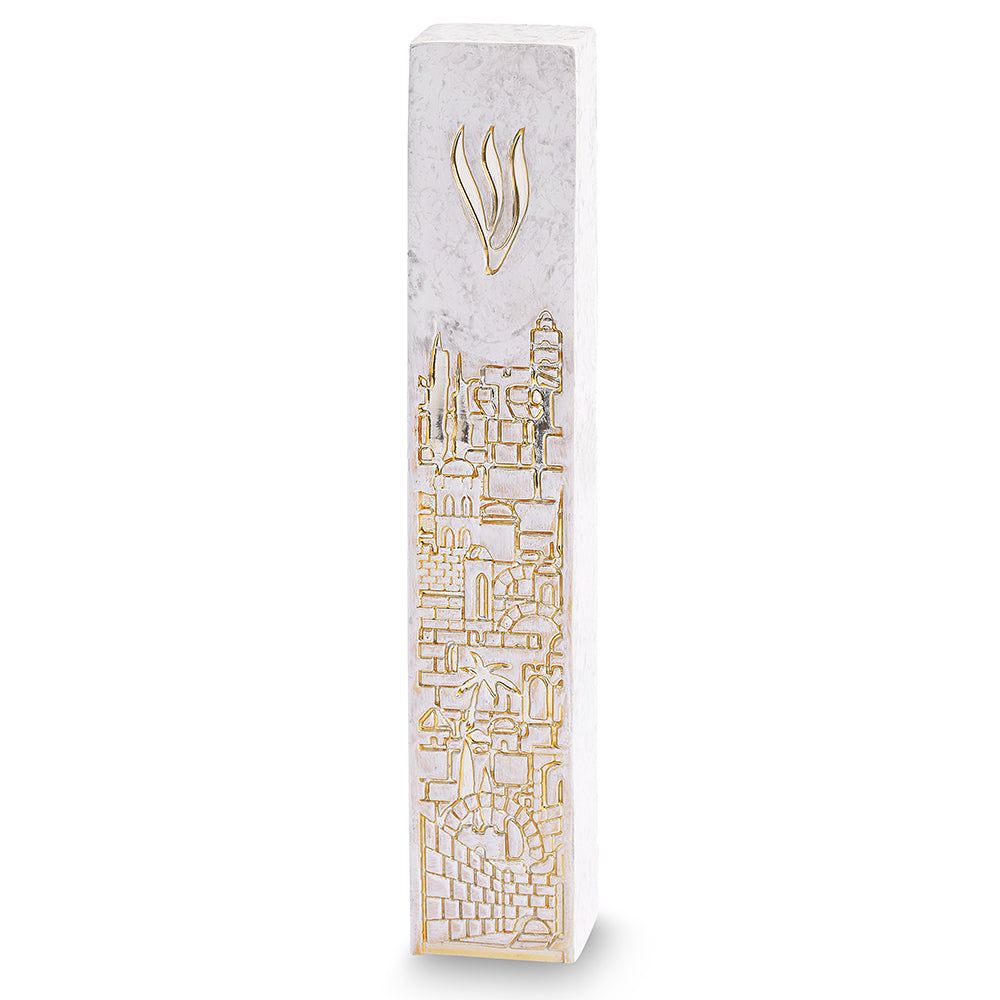 Concrete-Like Polyresin Mezuzah with Gold 12cm - Mitzvahland.com