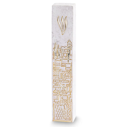 Concrete-Like Polyresin Mezuzah with Gold 12cm - Mitzvahland.com