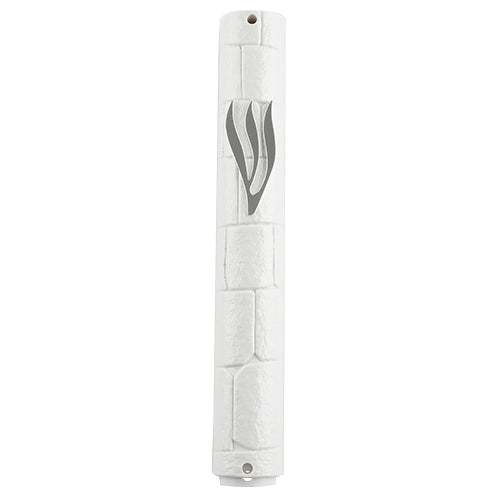 White Plastic Mezuzah  12 Cm - "the Kotel" With Silver Shin - Mitzvahland.com