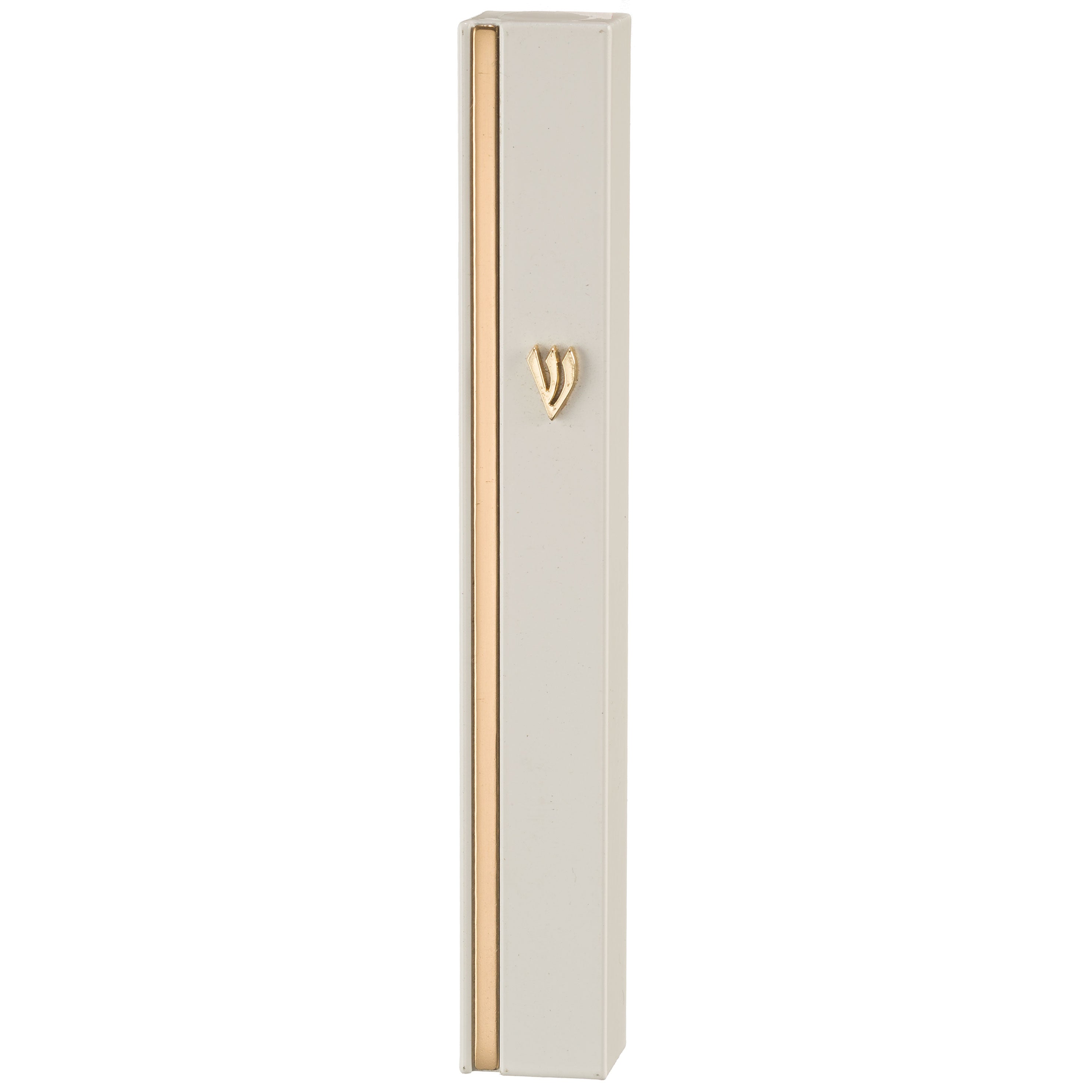 Aluminum Mezuzah Case - white with metal shin & gold stripe