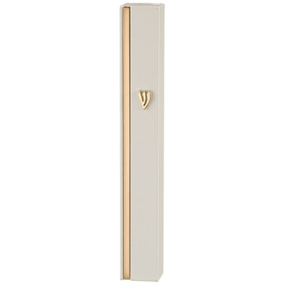 Aluminum Mezuzah Case - white with metal shin & gold stripe