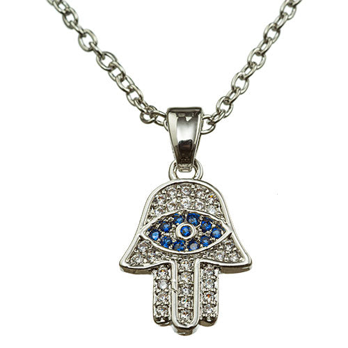 Nickel Hamsa Necklace with Blue and White Stones