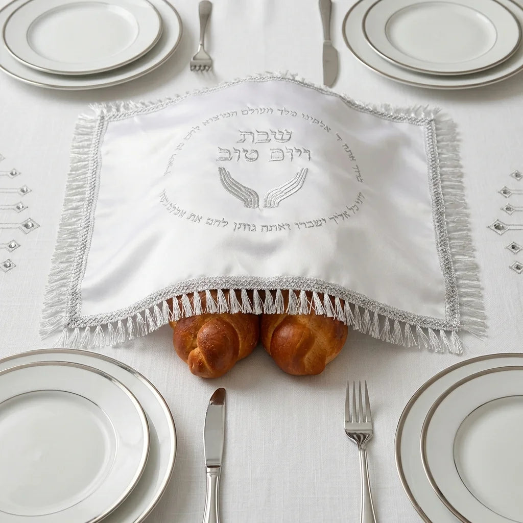 Satin Challah Cover, 48x58 cm - White, with Embroidery