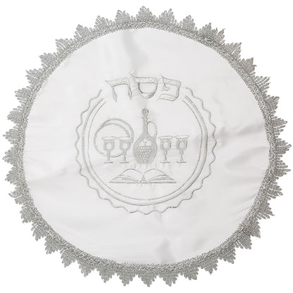 White Satin Passover Set with Embroidery: Passover and Afikoman Covers - Mitzvahland.com