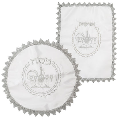White Satin Passover Set with Embroidery: Passover and Afikoman Covers - Mitzvahland.com