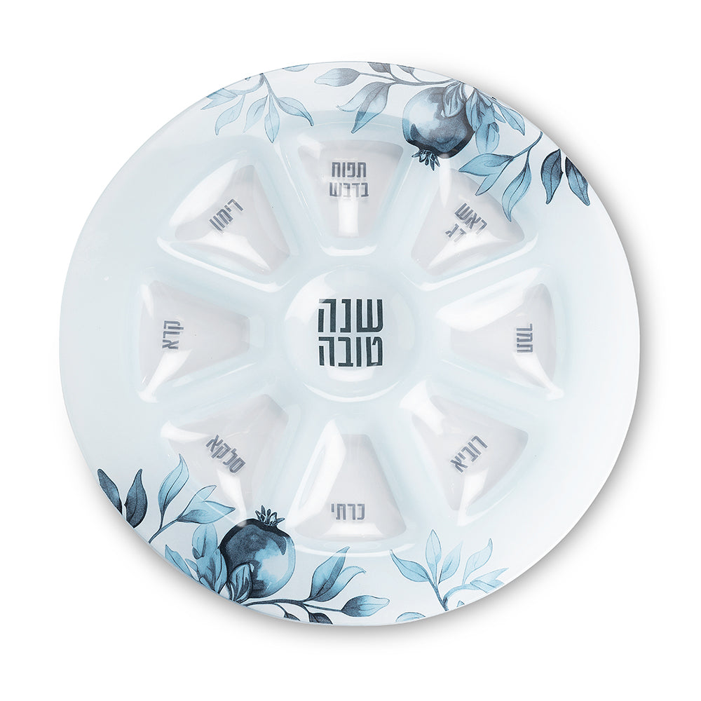 Elegant Glass Rosh Hashana Plate 35 cm - Blue