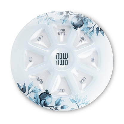 Elegant Glass Rosh Hashana Plate 35 cm - Blue