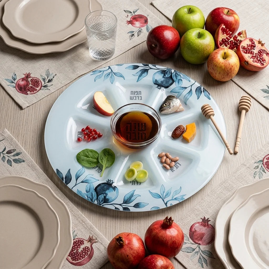 Elegant Glass Rosh Hashana Plate 35 cm - Blue