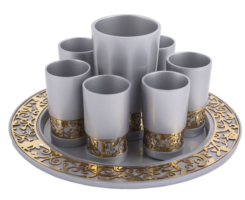 Yair Emanuel Anodized Metal Cutout Kiddush Set with 6 Cups - Silver