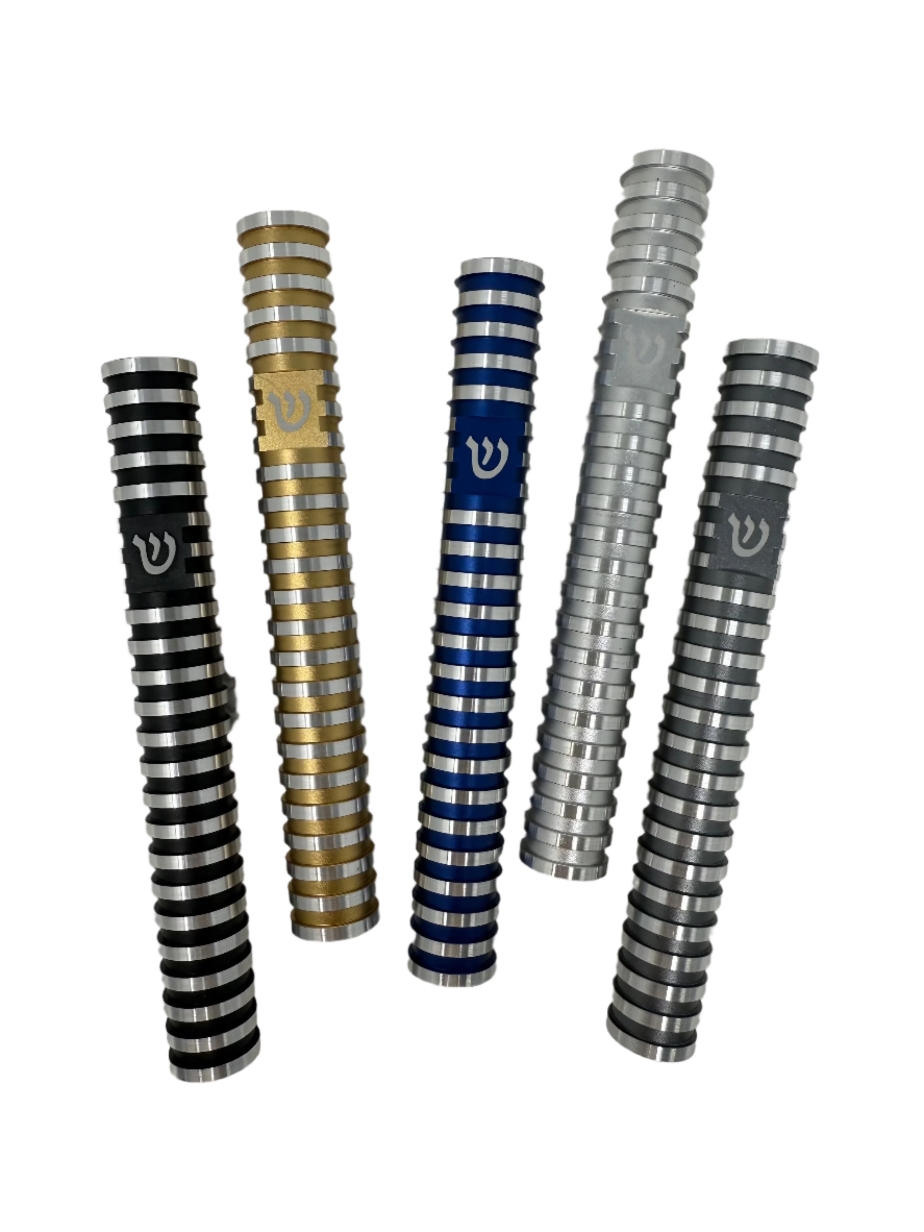Five golf club grips with different color and design patterns on a white background