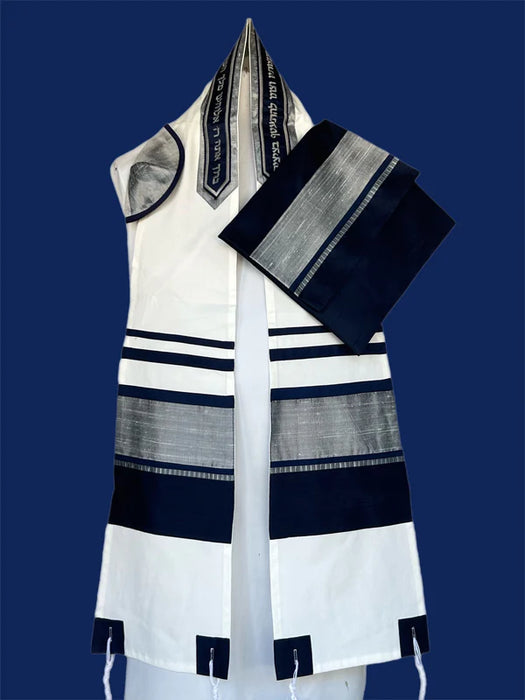 Elegant White Wool Tallit with Blue and Silver pattern