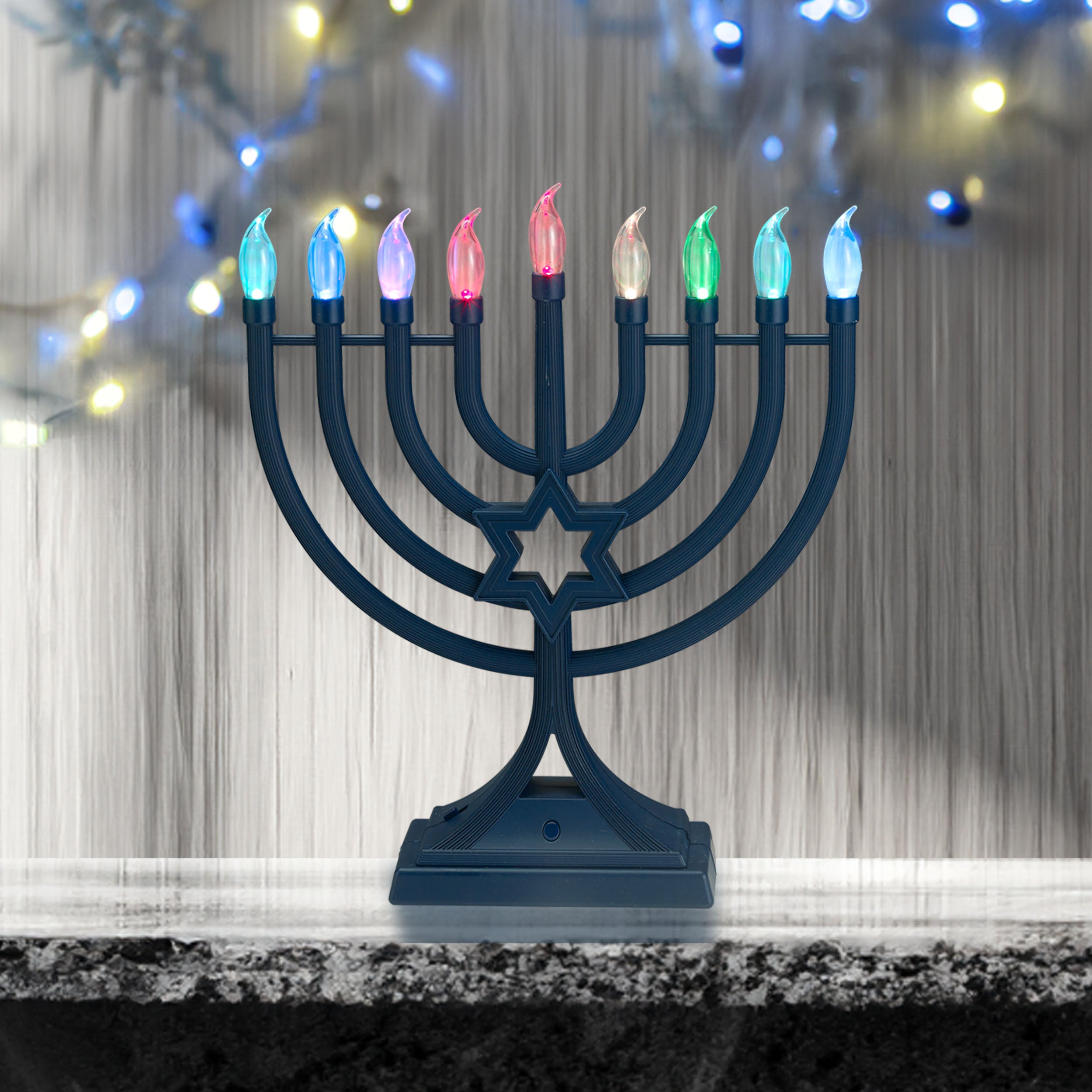 Navy LED Menorah With Multifunct Color Changing Lights —