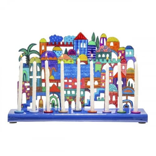 Hand Painted Chanukah Menorah Colorful Jerusalem View
