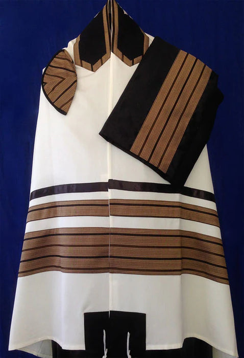 Elegant Cotton Tallit With Brown, Black, and Champagne Design