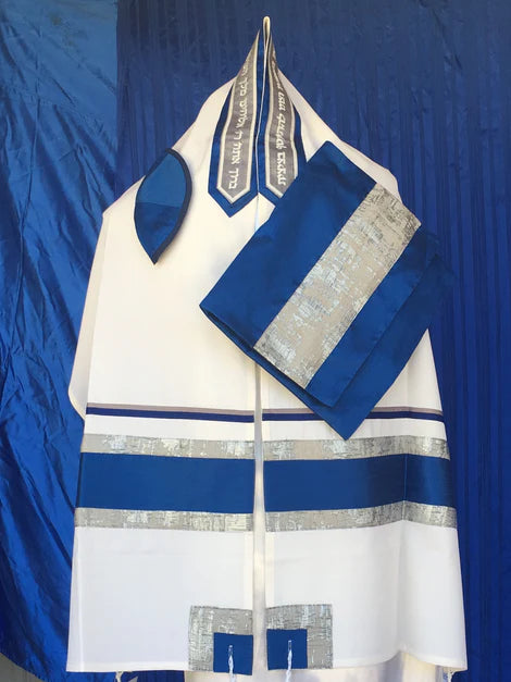 Elegant White Cotton Tallit with Royal Blue and Silver