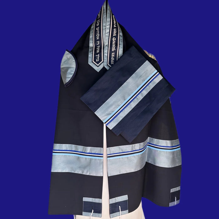 Elegant Blue Wool Tallit with Blue and Silver Ribbon Design